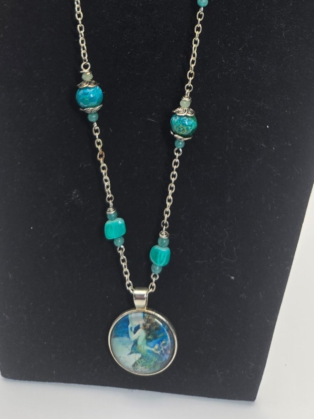 Reading Mermaid Pendant Blue Green Silver Tone Chain Necklace & Earring Set #62